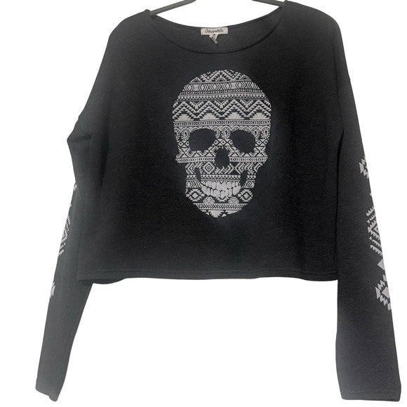 Aéropostale Cropped Skull Sweatshirt Dark Gray Graphic Pullover Women's Medium - Picture 2 of 9